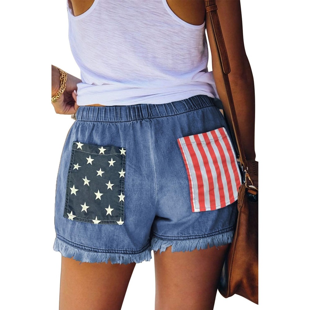 NWT Women's USA Flag Denim Drawstring Fringe Shorts Patriotic Blue XL